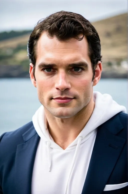 Prompt: Henry Cavill in a white hoodie pullover and suit blazer coat, relaxed confident expression, muscular, shaved, arrogant smirk, clear skin, happy face