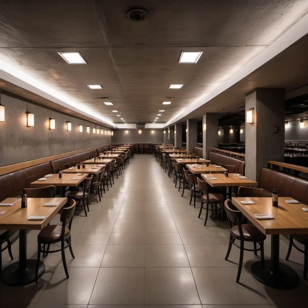 Prompt: empty concrete plain with infinite rows of restaurant tables, dim lighting, fluorescent lights, drop ceiling, no windows, liminal space, real photograph