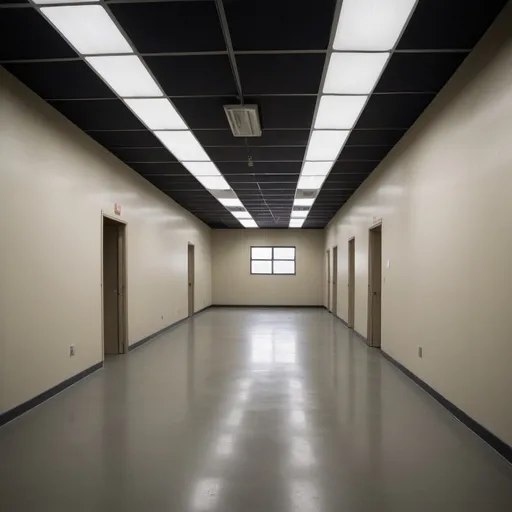 Prompt: empty backroom, dim lighting, fluorescent lights, drop ceiling, liminal space, real photograph