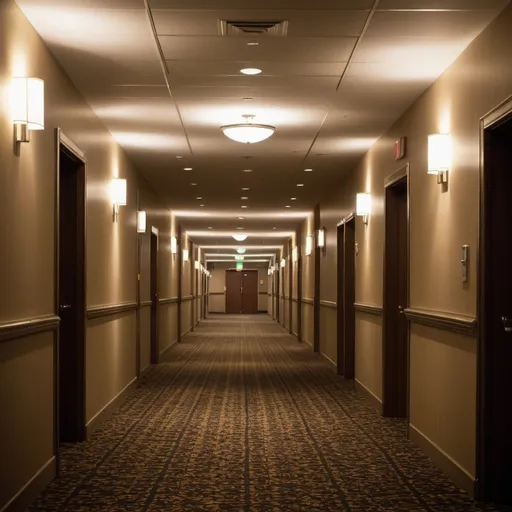 Prompt: empty hotel hallway, fluorescent lighting, dim lighting, fluorescent lights, drop ceiling, liminal space, real photograph