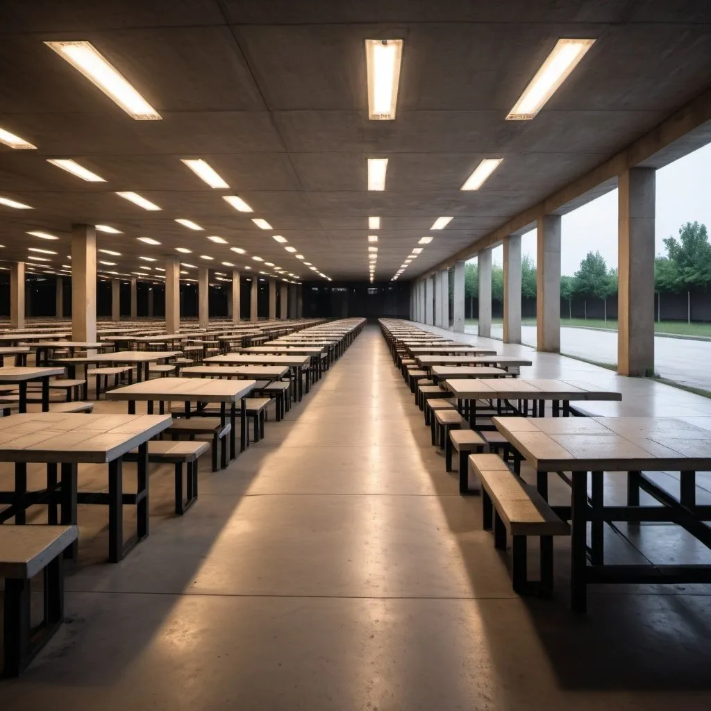 Prompt: empty outdoor concrete plain with infinite rows of tables, dim lighting, fluorescent lights, drop ceiling, no windows, liminal space, real photograph