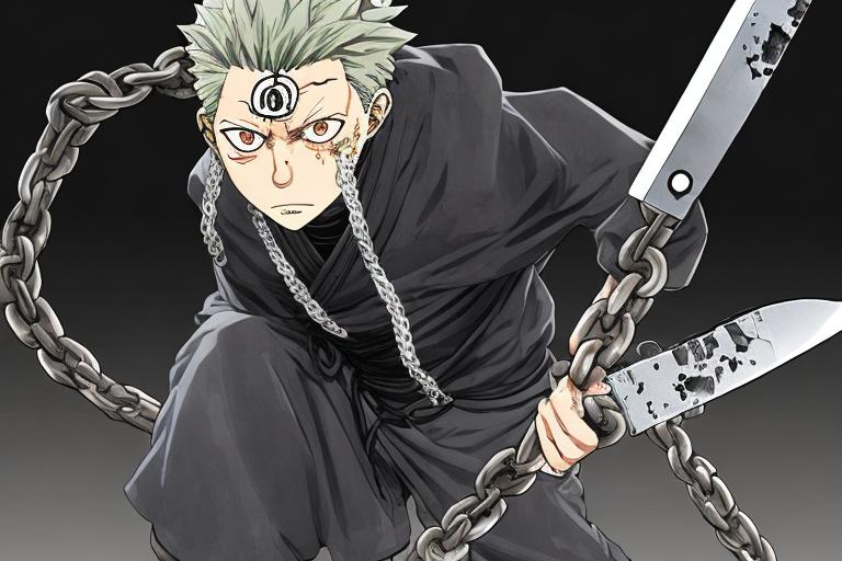 Prompt: a Jujutsu Kaisen character that can controls dead bodies with a chain holding a knife with long hair
   