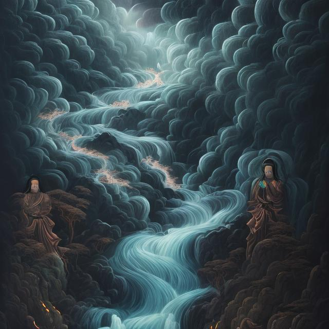 Prompt: Quan Yin hovering above Himalayan waterfall, stormy atmosphere, dark and moody, mystical aura, traditional painting, detailed flowing water, serene expression, spiritual, highres, detailed, traditional art, mystical, dark tones, stormy weather, tranquil, atmospheric lighting