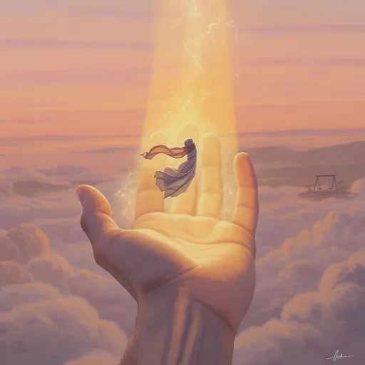 Prompt: create an illustration of a Muslim woman falling gently from a great height at sunset, her scarf rippling around her, eyes calm and trusting, not afraid. Below her, a giant, warm, weathered hand reaches up from glowing clouds, ready to catch her. The hand is masculine, with visible veins and gentle strength, symbolizing a father's love. Soft golden light radiates from the palm, illuminating her face. In the distant background, faint silhouette of a childhood home with a swing in the garden. The sky is painted in soft gradients of orange, pink, and lavender. Emotional, cinematic, dreamlike, symbolic of unconditional paternal protection.