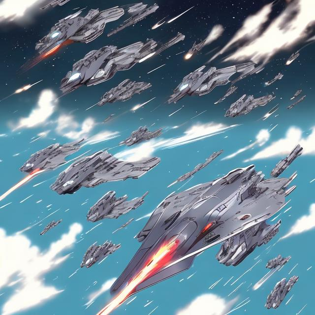 Prompt: Anime/manga-style art of a Star fleet  flying through the  galaxy