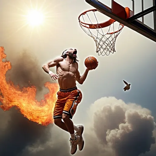 Prompt: Haz una imagen donde salga algun animal haciendo un dunk en una canasta de baloncesto mientras sale fuego en el fondo y en la pelota y Jesus mirando desde el cielo