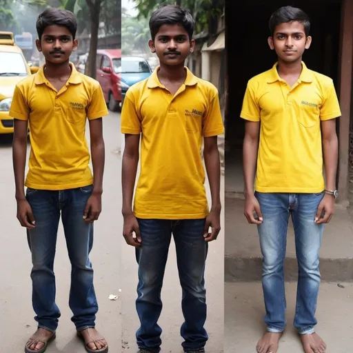 Prompt: 17 year old mumbai dark color boy as delivery person. (need four image of same person in yellow Tshirt)