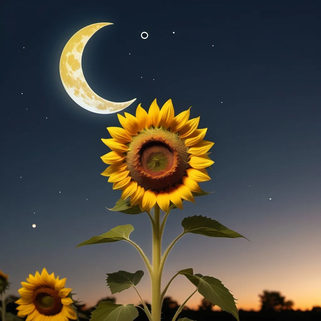 Prompt: Generate a Picture of a sunflower under a waxing crescent moon romantically