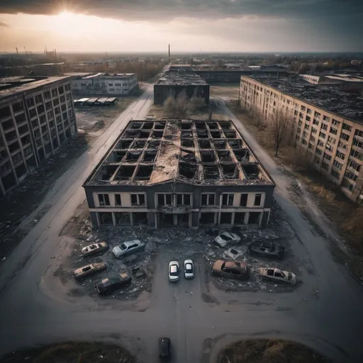 Prompt: cinematic, drone´s persepctive, outside, dramatic light, Bitterfeld as a lost place, broken cars, burning city, broken windows, extreme dry weather