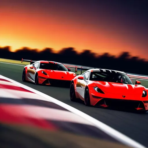 Prompt: Immerse yourself in the thrilling world of racing as a sleek sports car gracefully navigates a captivating race track during a warm summer night, skillfully captured through the lens of photography.