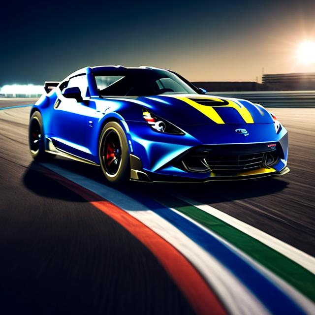 Prompt: Witness the exhilaration of a high-performance sports car zooming through a meticulously designed race track on a summer night, brought to life in stunning photography style.