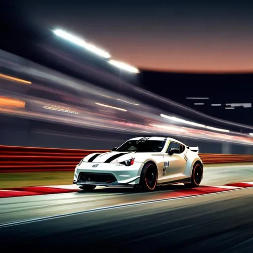 Prompt: Witness the exhilaration of a high-performance sports car zooming through a meticulously designed race track on a summer night, brought to life in stunning photography style.