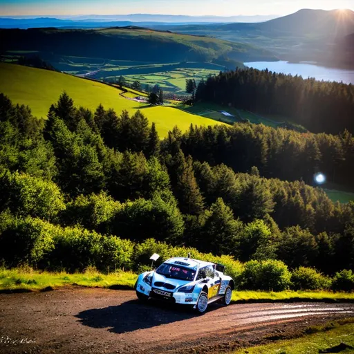 Prompt: Rally racing car racing on a mountain rally racing track, set in a beautiful morning, depicted in a Photography style.