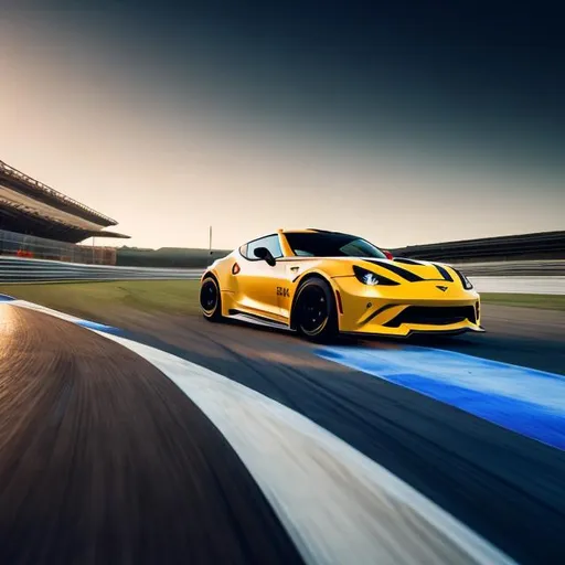 Prompt: Witness the exhilaration of a high-performance sports car zooming through a meticulously designed race track on a summer night, brought to life in stunning photography style.