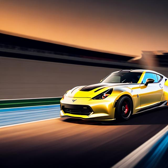 Prompt: Witness the exhilaration of a high-performance sports car zooming through a meticulously designed race track on a summer night, brought to life in stunning photography style.