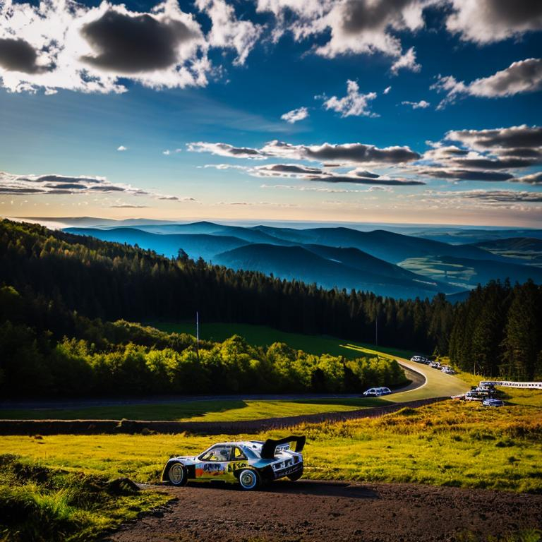 Prompt: Rally racing car racing on a mountain rally racing track, set in a beautiful morning, depicted in a Photography style.