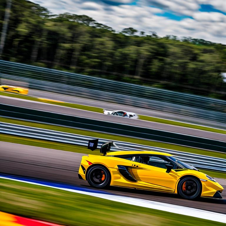 Prompt: Experience the adrenaline-pumping spectacle of a sports car elegantly maneuvering through a dynamic race track on a magical summer night, expertly captured in the artistry of photography.