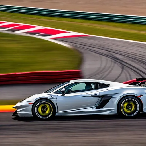 Prompt: Experience the adrenaline-pumping spectacle of a sports car elegantly maneuvering through a dynamic race track on a magical summer night, expertly captured in the artistry of photography.