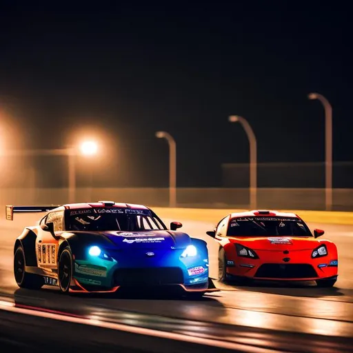 Prompt: Sports car racing on a vibrant race track under theing glow of a summer night, captured beautifully through the lens of photography.