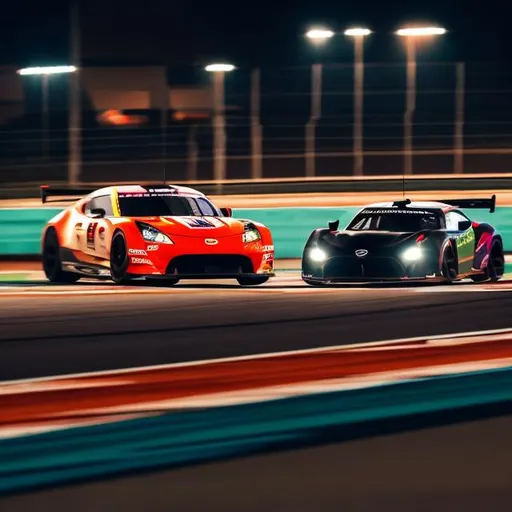 Prompt: Sports car racing on a vibrant race track under theing glow of a summer night, captured beautifully through the lens of photography.