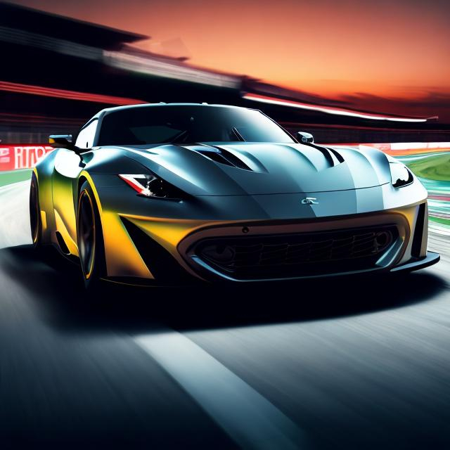 Prompt: Immerse yourself in the thrilling world of racing as a sleek sports car gracefully navigates a captivating race track during a warm summer night, skillfully captured through the lens of photography.