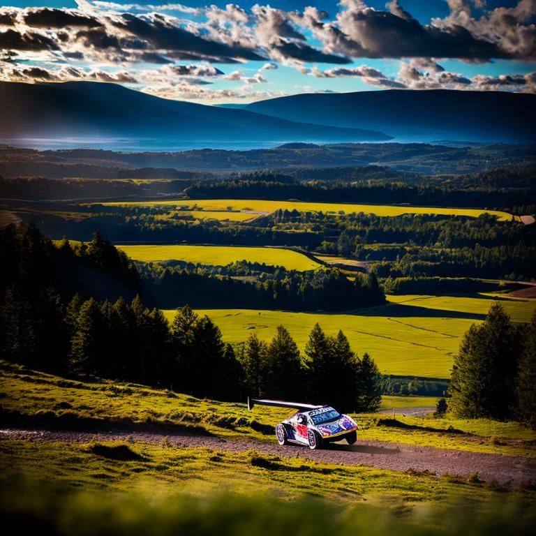 Prompt: Rally racing car racing on a mountain rally racing track, set in a beautiful morning, depicted in a Photography style.