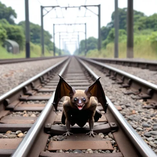 Prompt: A bat siting on a train track with a train coming 