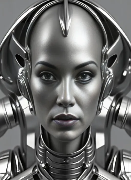 Prompt:  @flLd72iqotzuI6bOJFra A painting of an all chrome Asian female android, sleek and futuristic design, airbrushed effect, highly reflective surfaces, glowing accents, with a smooth, seamless body, standing confidently.  a simple white background , 4K visuals highlighting the chrome textures and intricate details, sorayama style painting, hyper-realistic