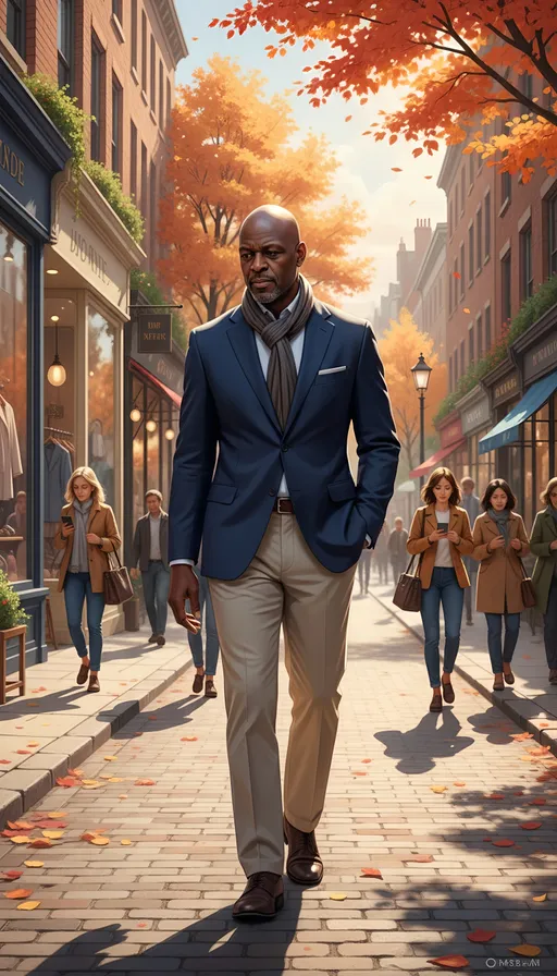 Prompt: Tall middle aged male walking down the high street, detailed clothing, realistic, natural lighting