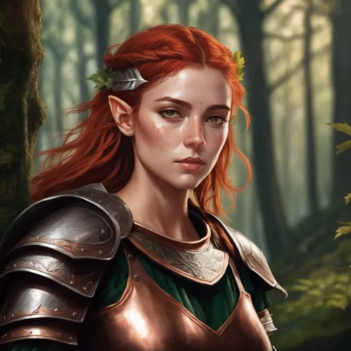 Prompt: Fantasy illustration of a young woman, athletic wood elf gladiator with copper skin and red unkempt hair, druidic elements, pointed ears, resting expression, simple leather armor, lush forest setting, high-res quality, detailed foliage, fantasy, gladiator, wood elf, druid, athletic build, copper skin, red hair, determined expression, nature, detailed armor, lush foliage, professional, natural lighting, green cloak, forest dwelling, big eyes, freckles