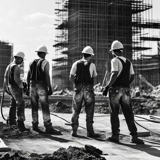 Prompt: Black and white image of construction workers  on a construction site
