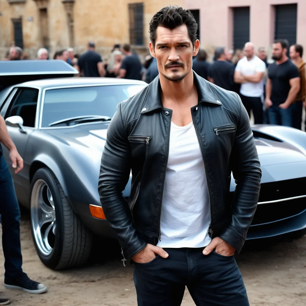 Prompt: attractive man standing near stunt car on movie set, wearing leather jacket and white t-shirt, black hair and goatee, david gandy, orlando bloom