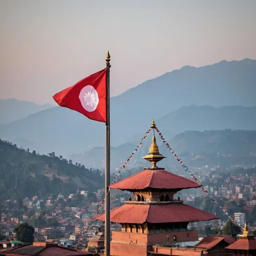 Prompt: seen from Kathmandu:Flag Design: The Nepalese flag consists of two triangular sections. The upper part has a red background with a moon, while the lower part has a blue background with a sun.
Choose the Right Location: To view the flag from Kathmandu, select a place with a clear and open view. Public spaces or rooftops of significant buildings in Kathmandu might offer a good vantage point.
Take the Photo: Ensure that the flag is clearly visible by photographing it from the right angle. Photos with the flag fluttering in the wind tend to be more impactful.