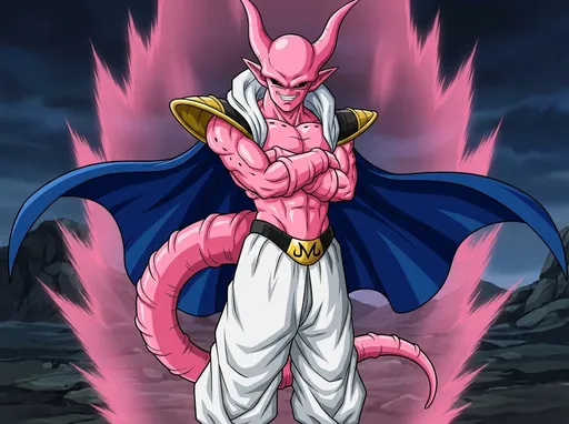 Prompt: Canon absorption style where Kid Buu is the main body after fully absorbing Dabura and Janemba, Akira Toriyama art style, Dragon Ball Z, chaotic pink Kid Buu base with strong Janemba influence, fleshy pink muscular stretchy body covered in Janemba-style sectioned and plated patterns across the torso, arms, and legs, all in uniform fleshy pink including the segmented lines and armor-like sections, large fleshy pink demonic horns and pointed ears, classic Kid Buu wild chaotic facial aesthetic with big round eyes and mischievous psychotic grin, confident dominating expression,clothing mix: Dabura's long dark demonic cape dramatically draped over his shoulders and flowing down his back as the dominant top clothing, gold and black demonic armor fragments on the shoulders and upper chest from Dabura, iconic white baggy pants with black belt like classic Kid Buu on the lower body, long thick Janemba-style tail swaying behind him,dominating but calm pose — standing tall and imposing with perfect posture, arms crossed over chest, head slightly tilted looking down with calm superiority and quiet menace, powerful and regal presence, massive subtle pink energy aura gently radiating around him,sharp Akira Toriyama linework, bold shading, vibrant colors, dramatic cinematic lighting, highly detailed, menacing calm villain energy, clear Kid Buu pink fleshy base with Janemba sectioned body patterns and tail, masterpiece, best quality











