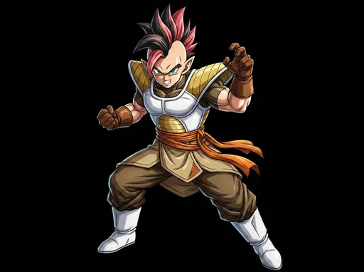 Prompt: "Fusion of Tarble and Minotia, Akira Toriyama art style, Dragon Ball, well-balanced powerful Saiyan warrior fusion, athletic compact muscular build, mixed hair — spiky black and pink-red mohawk hairstyle blending both characters, sharp green eyes with a fierce determined expression, slightly pointed ears,detailed outfit fusion: mix of Tarble’s Saiyan battle armor (white and gold chest plate, shoulder guards) with Minotia’s tan and brown warrior clothing, orange sash around the waist, brown gloves, white boots, dynamic cool Dragon Ball pose — standing powerfully with legs apart, arms slightly raised in a ready combat stance, confident and balanced warrior presence,sharp Akira Toriyama linework, bold shading, vibrant colors, dramatic cinematic lighting, highly detailed, strong equal blend of both characters, energetic fusion design, masterpiece, best quality"






