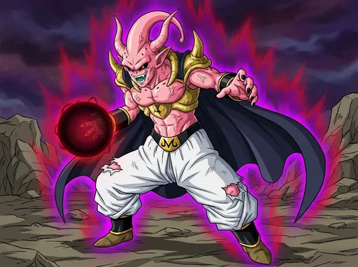 Prompt: "Kid Buu as the dominant main body after absorbing Dabura and Janemba, exact canon absorption style like Super Buu transformations, Akira Toriyama Dragon Ball Z style, classic chaotic pink stretchy Kid Buu appearance with clear base features, slightly more muscular and taller, prominent demonic horns and antennae mix, red-yellow eyes full of insanity, wild fanged smile,wearing his signature torn white baggy pants with black belt, plus absorbed clothing elements: long flowing dark cape attached to back like Dabura, gold demonic armor pieces on shoulders and torso, Janemba sash details, epic cool Dragon Ball pose: low battle stance with one hand forward charging destructive energy, dramatic aura, intense menacing glare, highly detailed, Toriyama signature style"









