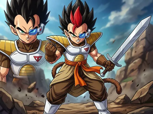 Prompt: "Fusion of Tarble and Minotia, Akira Toriyama art style, Dragon Ball, balanced powerful Saiyan warrior fusion, athletic compact muscular build, distinctive hair — black spiky Saiyan hair with a bold red mohawk streak running down the middle like Minotia's signature style, sharp green eyes with confident fierce expression, slightly pointed ears, blue scouter over one eye like Tarble,detailed outfit fusion: Tarble’s Saiyan battle armor with white and gold accents mixed with Minotia’s tan and brown warrior clothing and orange sash around the waist, brown gloves, white boots, Saiyan tail wrapped around the waist,holding Minotia’s signature sword in one hand,dynamic cool Dragon Ball pose — standing powerfully in a ready combat stance with sword held to the side and the other fist clenched, strong balanced warrior presence,sharp Akira Toriyama linework, bold shading, vibrant colors, dramatic cinematic lighting, highly detailed, energetic fusion design, masterpiece, best quality"







