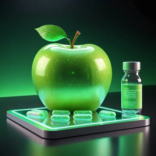 Prompt: Futuristic advertising of a green apple with gummy tablets, green apple supplement container , 3D rendering, holographic display, animated gif, high-tech, sleek design, futuristic setting, vibrant green, digital display, detailed textures, holographic projection, advertisement, high quality, futuristic, 3D rendering, animated gif, sleek design, vibrant green, holographic display 

with gummy tablets and a bottle of green apple tablets