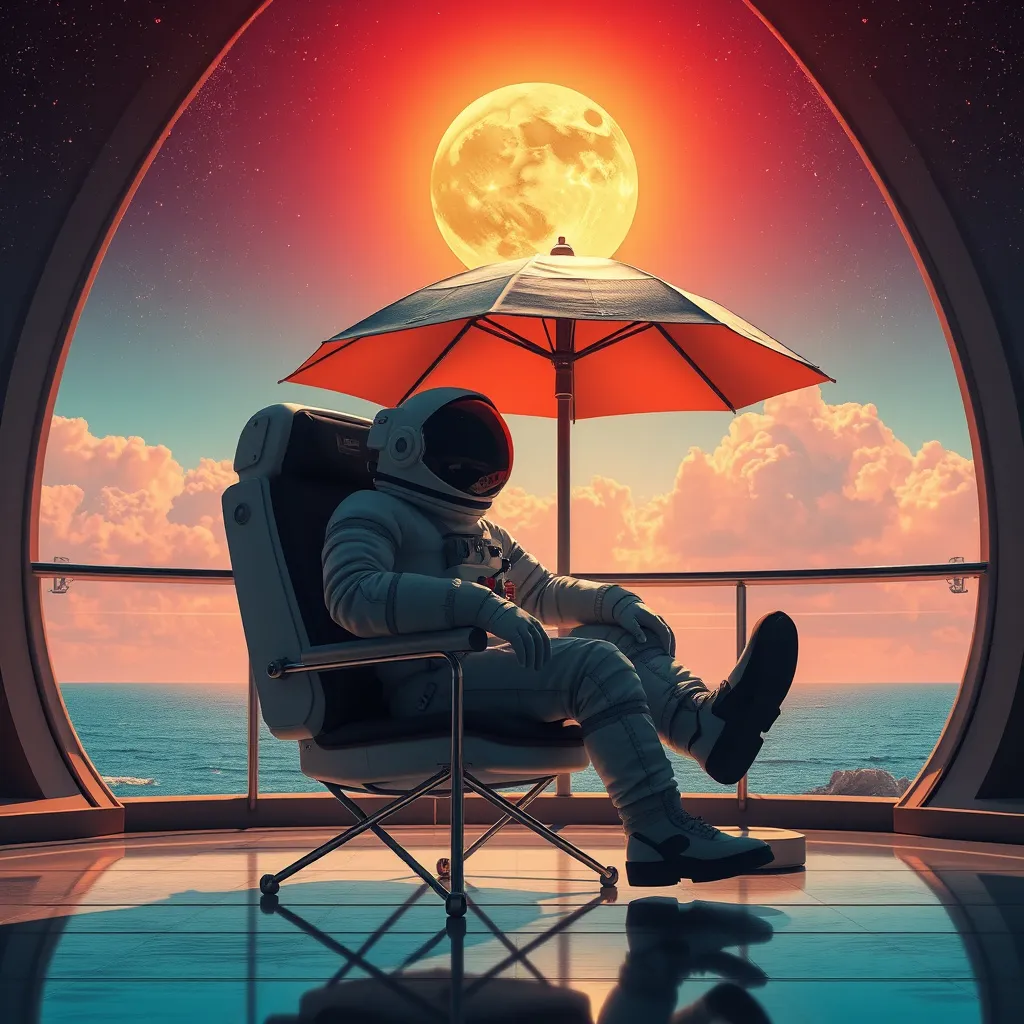 Prompt: an astronaut sitting in a chair under an umbrella in a futuristic setting with a view of the ocean and sky, Beeple, retrofuturism, solarpunk, a screenshot