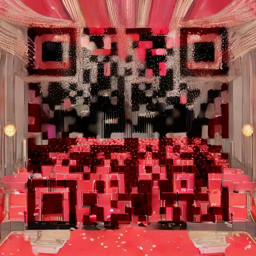 Prompt: Let a red theatre seat come and the seat will be incredibly luxurious and comfortable, it will turn and open and confetti will explode on the seat and then disappear.