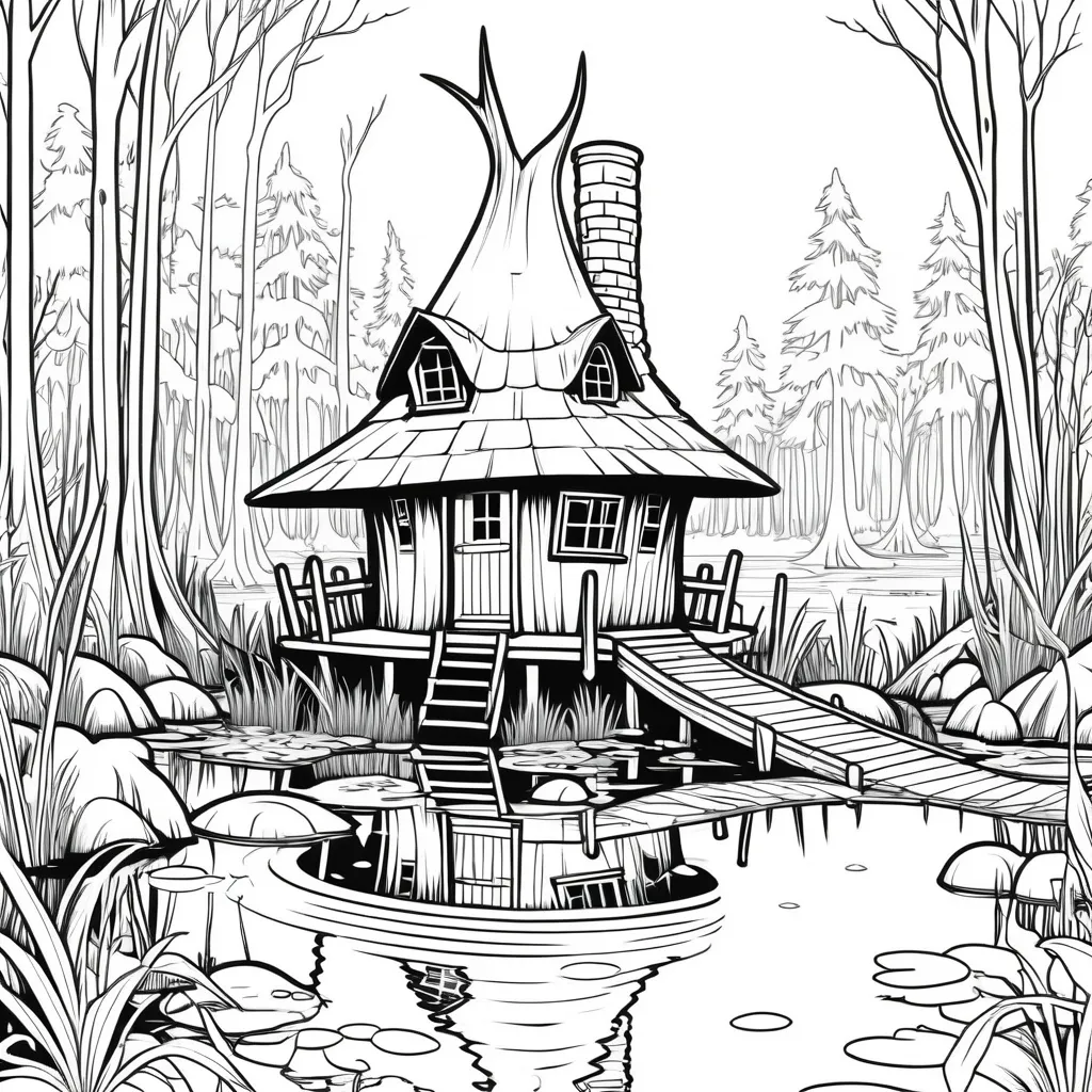 Prompt: B&W coloring book page, witchs hut in a swamp, line art, solid white background