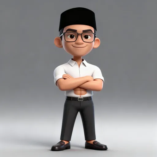 Prompt: realistic 4d caricature of indonesia man aged 35 years old, slightly six pack body, 

 wearing glasses, wearing plain shirt white color, wearing muslim cap balck color,formal trousers, loafers, standing with arms crossed, grey gradient background


