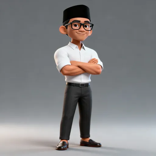 Prompt: realistic 4d caricature of indonesia man aged 35 years old, slightly six pack body, 

 wearing glasses, wearing plain shirt white color, wearing muslim cap balck color,formal trousers, loafers, standing with arms crossed, grey gradient background

