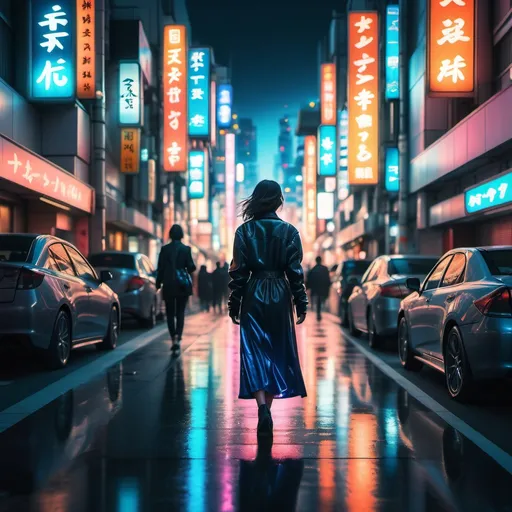 Prompt: Futuristic street scene in Tokyo, warm color scheme, nighttime urban lights, a woman walking alone, viewed from behind, wearing a long blue dress and a black leather jacket, bustling city in the background filled with vibrant neon glows and reflections, ethereal atmosphere, high detail, ultra-detailed, cinematic flair.