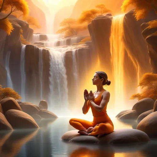 Prompt: Fantasy scene, girl practicing yoga, chakras glowing, flowing waterfall in the background, warm color scheme with vibrant oranges and gentle yellows, serene atmosphere, ethereal light reflecting off water, harmonious and peaceful ambiance, soft mist surrounding the character, ultra-detailed, enchanting elements, magical feel, nature integrated beautifully, showcasing tranquility and inner balance, high-resolution quality.