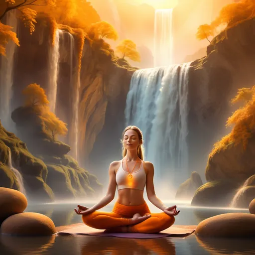 Prompt: Fantasy scene, girl practicing yoga, chakras glowing, flowing waterfall in the background, warm color scheme with vibrant oranges and gentle yellows, serene atmosphere, ethereal light reflecting off water, harmonious and peaceful ambiance, soft mist surrounding the character, ultra-detailed, enchanting elements, magical feel, nature integrated beautifully, showcasing tranquility and inner balance, high-resolution quality.