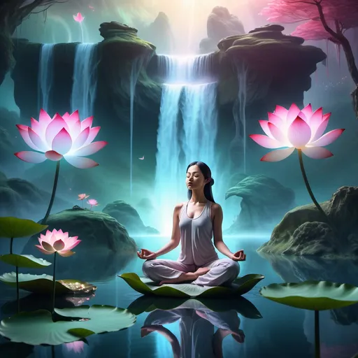 Prompt: Meditasyon yapan bir kadının fantastik sahnesi, Önünde küçük bir göl içinde lotus çiçeği, ortamda canlı renk düzeni, tuhaf atmosfer, etrafında dönen parlak enerji, arkaplanda şelale  ve efsanevi yaratıklar, figürünü aydınlatan yumuşak, uhrevi ışık, derinlik katan düşsel sis, yüzünde dingin bir ifade, onu saran mistik bir ambiyans, ultra detaylı 4K kalite, büyüleyici ve büyülü ortam, huzurlu ruh hali.
