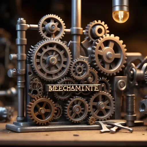 Prompt: (accurately spelled text "mechanite written on the image"), highly detailed little mechanic, intricate mechanical tools surrounding them, workshop environment filled with vibrant gears and gadgets, warm industrial lighting, energizing atmosphere, close-up focus, rich textures, ultra-detailed, high quality, emphasizes the essence of craftsmanship and innovation.