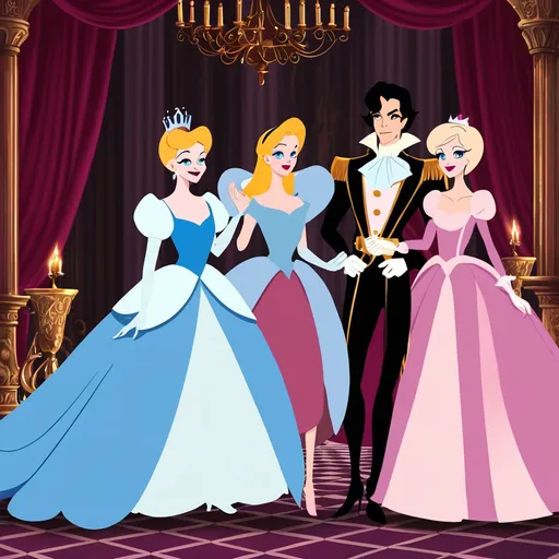 Prompt: Cinderella, Prince, Evil Stepmother and his sister