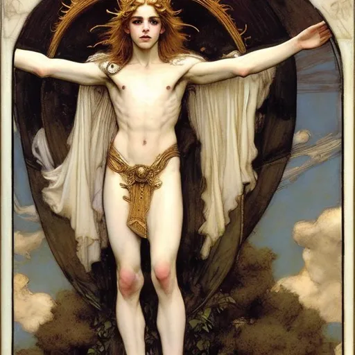 Prompt: Androgynous prince Lucius depicted as Apollo the Sun God by John William Waterhouse, Pre-Raphaelite style, long fluffy blond curly hair, pale porcelain white skin, detailed, defined, anatomically correct hands and feet,  chiaroscuro